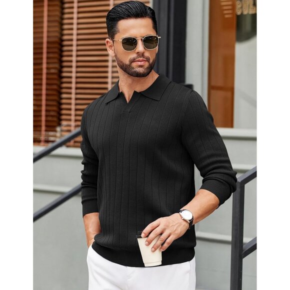 Men's Polo Sweaters Long Sleeve V Neck Knit Casual Pullover Sweater All Black - Picture 2 of 6